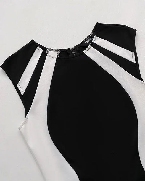 Pearls Decor Thick Strap Backless Slit Back Tank Dress Zipper Back Bodycon Dress With Belt blackwhite