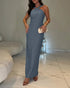 Halter Tied Detail Backless Slim Fit Dress Zipper Back Slit Maxi Dress Dark grey
