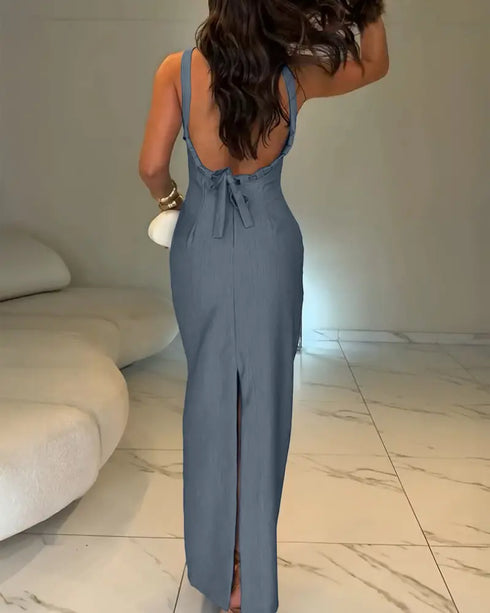 Halter Tied Detail Backless Slim Fit Dress Zipper Back Slit Maxi Dress Dark grey