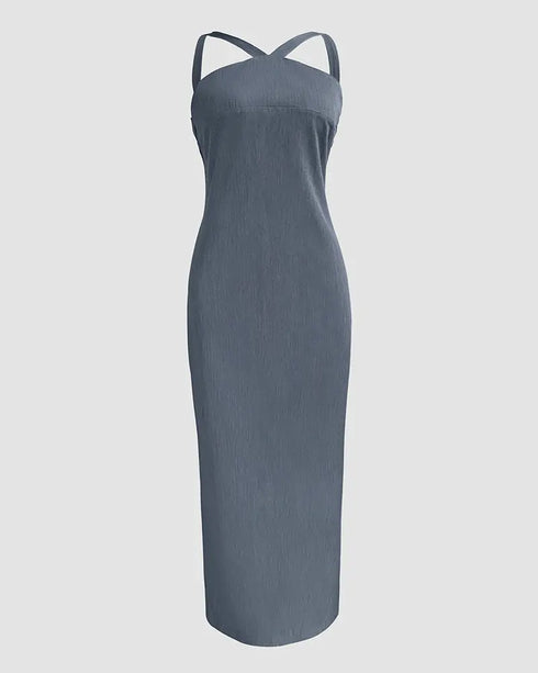 Halter Tied Detail Backless Slim Fit Dress Zipper Back Slit Maxi Dress Dark grey