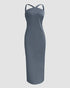 Halter Tied Detail Backless Slim Fit Dress Zipper Back Slit Maxi Dress Dark grey