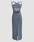 Halter Tied Detail Backless Slim Fit Dress Zipper Back Slit Maxi Dress Dark grey