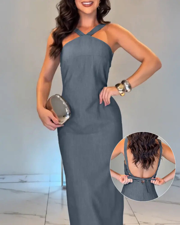 Halter Tied Detail Backless Slim Fit Dress Zipper Back Slit Maxi Dress Dark grey