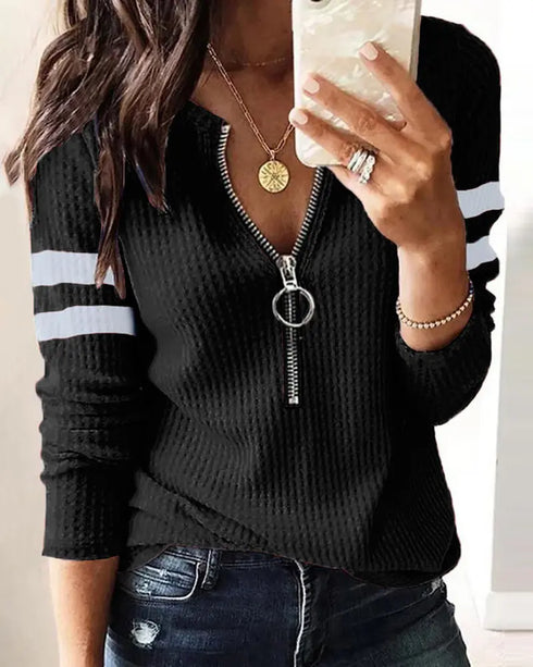 Striped Print Zipper Front Long Sleeve Top Waffle Knit Loose Fitting Tunic Tops black