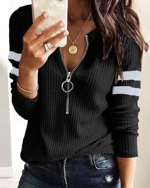 Striped Print Zipper Front Long Sleeve Top Waffle Knit Loose Fitting Tunic Tops black