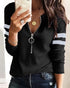 Striped Print Zipper Front Long Sleeve Top Waffle Knit Loose Fitting Tunic Tops black