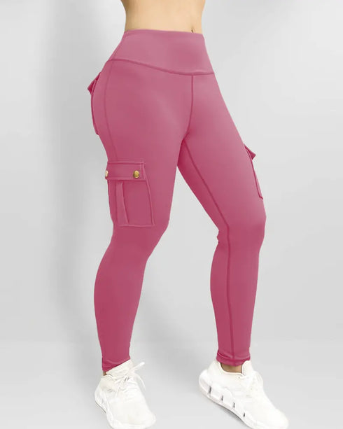 Butt Lifting Leggings with Flap Pockets High Waist Tummy Control Workout Cargo Pants pink