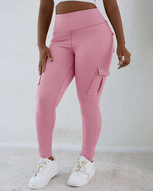 High Waist Tummy Control Butt Lifting Denim Look Leggings Stretchy Yoga Pants with Flap Pockets pink