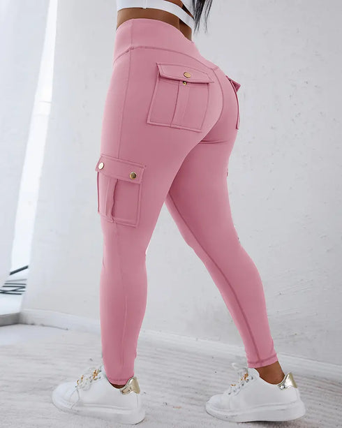 Zipper Pocket Slim Fit Yoga Pants Casual High Waist Workout Pants pink