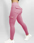 Butt Lifting Leggings with Flap Pockets High Waist Tummy Control Workout Cargo Pants pink