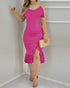 Off Shoulder Sleeveless Casual Cinch Ruffles Slit Buckle Dec Mid-Calf Dress hot pink