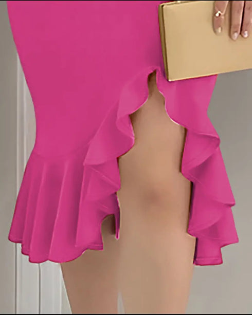 Off Shoulder Sleeveless Casual Cinch Ruffles Slit Buckle Dec Mid-Calf Dress hot pink