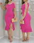 Glitter Off Shoulder Ruffles Slit Dress hot pink