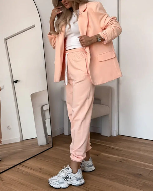 Shawl Collar Long Sleeve Blazer and Drawstring Pants Set orange