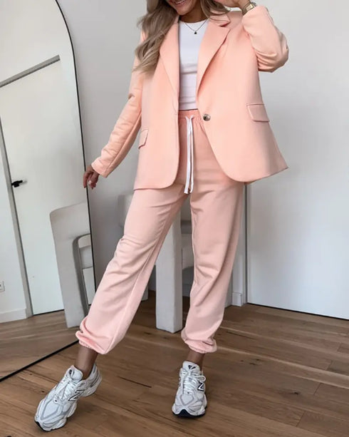 Shawl Collar Long Sleeve Blazer and Drawstring Pants Set orange