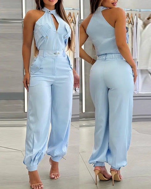 2 Pieces Outfits Sleeveless High Neck Cargo Pockets Design Top and Casual Cuffed Long Pants Set Lighted Blue