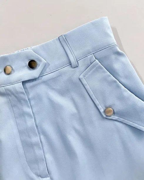 2 Pieces Outfits Sleeveless High Neck Cargo Pockets Design Top and Casual Cuffed Long Pants Set Lighted Blue