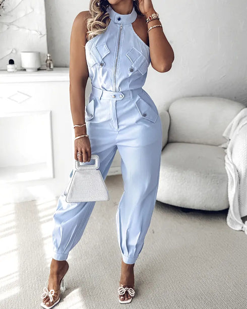 2 Pieces Outfits Sleeveless High Neck Cargo Pockets Design Top and Casual Cuffed Long Pants Set Lighted Blue