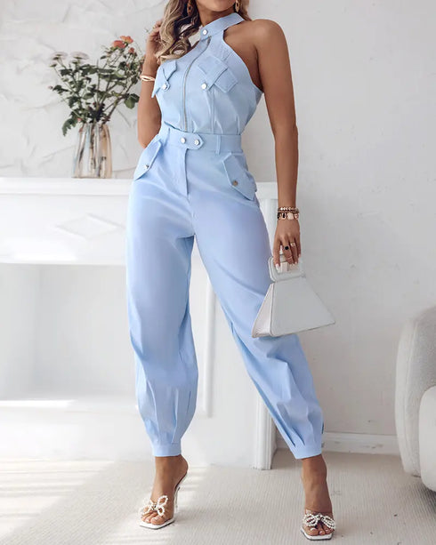 2 Pieces Outfits Sleeveless High Neck Cargo Pockets Design Top and Casual Cuffed Long Pants Set Lighted Blue