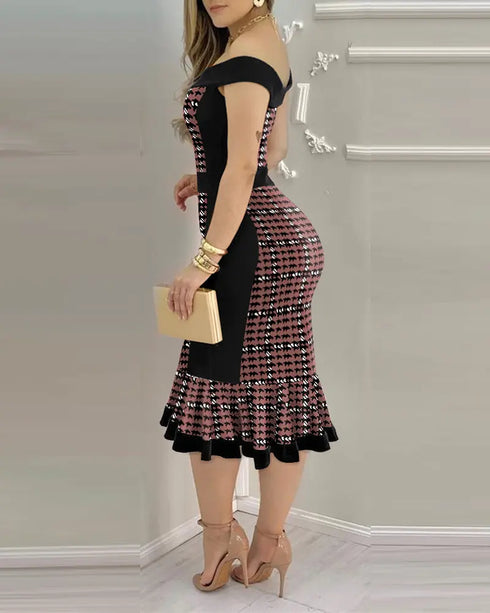 Houndstooth Print Off Shoulder Bodycon Dress Ruffle Hem Vintage Mid-length Dress brown