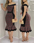 Off Shoulder Sleeveless Casual Cinch Ruffles Slit Buckle Dec Mid-Calf Dress brown