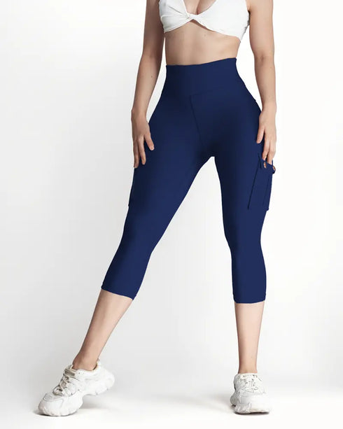 Butt Lifting Biker Capris Leggings High Waist Flap Pocket Workout Capris Gym Pants dark blue