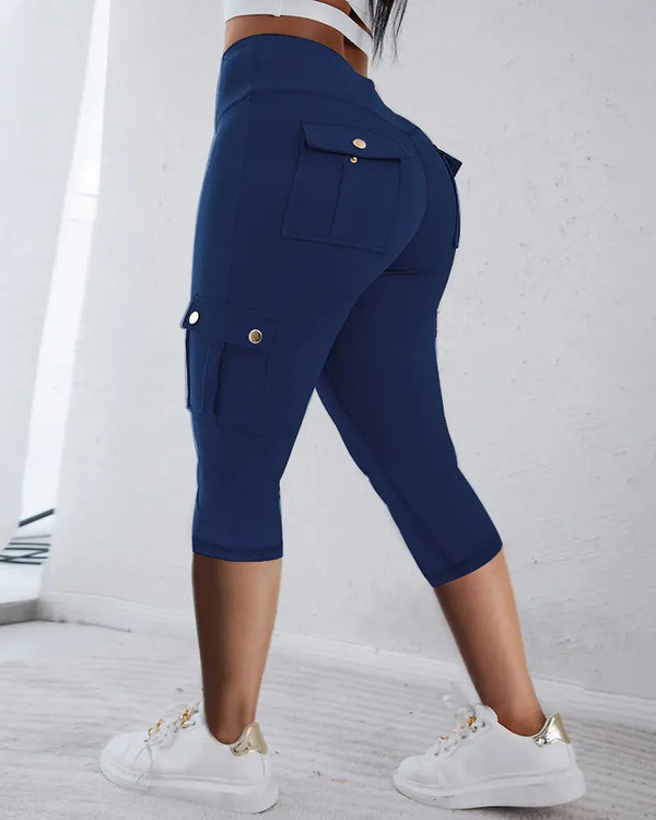 Butt Lifting Biker Capris Leggings High Waist Flap Pocket Workout Capris Gym Pants dark blue