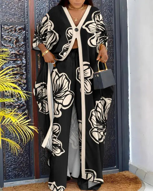 Floral Print V-Neck Batwing Sleeve Slit Top and Casual Pants Set with Pocket black