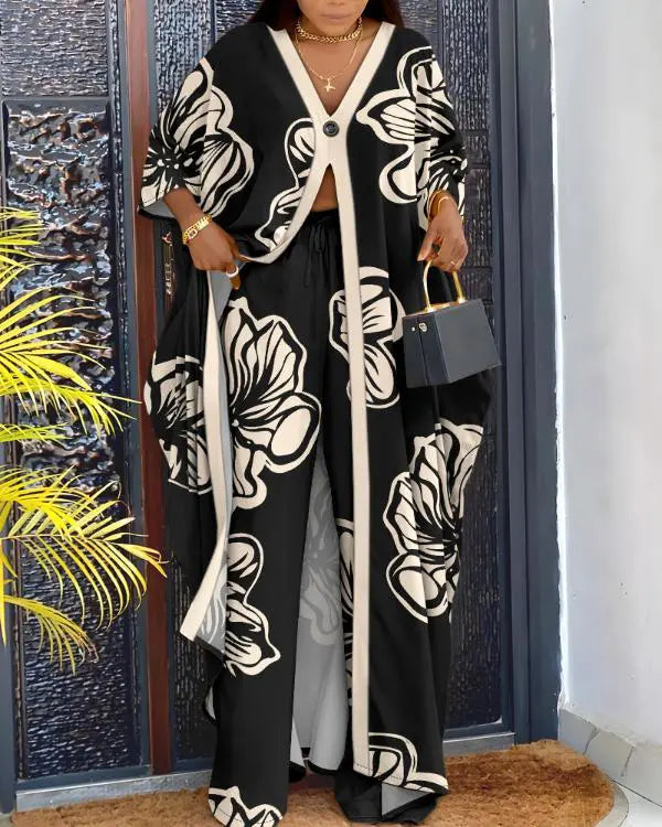 Floral Print V-Neck Batwing Sleeve Slit Top and Casual Pants Set with Pocket black