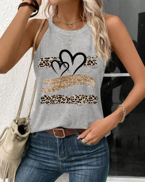 Leopard Print Heart Pattern Heart Sleeveless Tank Casual Loose Fit Top gray