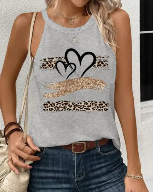 Leopard Print Heart Pattern Heart Sleeveless Tank Casual Loose Fit Top gray