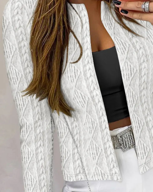 Jacquard & Argyle Pattern Open Front Jacket Casual Crop Coat white