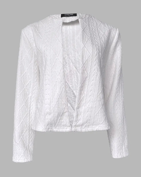 Jacquard & Argyle Pattern Open Front Jacket Casual Crop Coat white