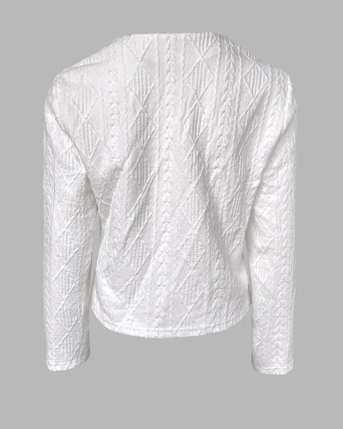 Jacquard & Argyle Pattern Open Front Jacket Casual Crop Coat white