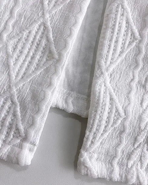 Jacquard & Argyle Pattern Open Front Jacket Casual Crop Coat white