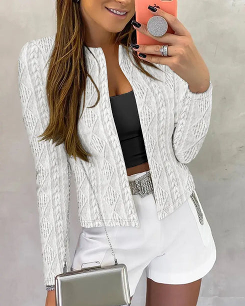 Jacquard & Argyle Pattern Open Front Jacket Casual Crop Coat white