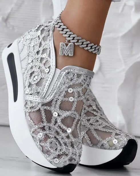 Contrast Sequin Lace Slip On Muffin Sneakers silver