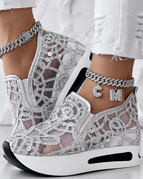 Contrast Sequin Lace Slip On Muffin Sneakers silver