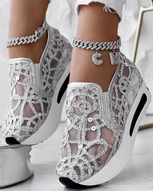 Contrast Sequin Lace Slip On Muffin Sneakers silver