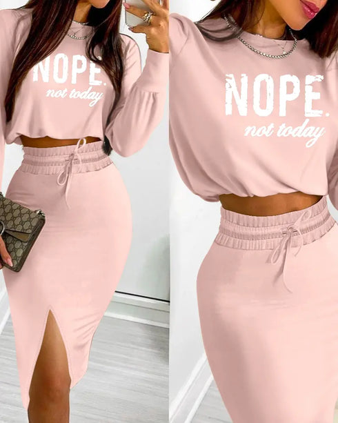 2 Pieces Outfit NOPE. not today Slogan Print Long Sleeve Stretchy Hem Crop Top and High Waist Drawstring Elastic Waist Slit Casual Skirt Set pink