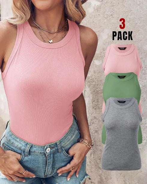 3-Pack Knit Round Neck Thick Strap Racerback Tank Tops(Without Pads) style13