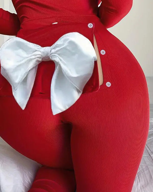 Christmas V-Neck Long Sleeve Functional Buttoned Flap Adults Pajamas One Piece red