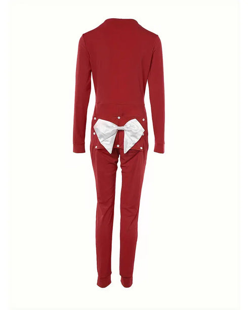 Christmas V-Neck Long Sleeve Functional Buttoned Flap Adults Pajamas One Piece red
