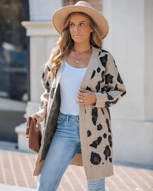 Leopard Pattern Longline Knit Cardigan Open Front Sweater khaki