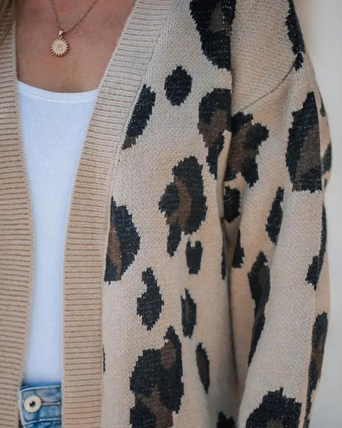 Leopard Pattern Longline Knit Cardigan Open Front Sweater khaki