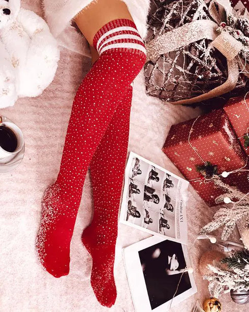 1Pair Christmas Striped Print Rhinestone Decor Long Socks red