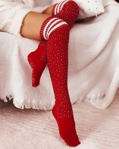 1Pair Christmas Striped Print Rhinestone Decor Long Socks red