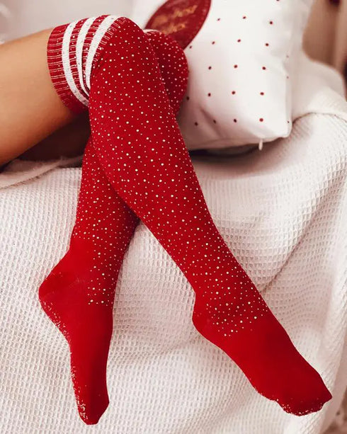 1Pair Christmas Striped Print Rhinestone Decor Long Socks red