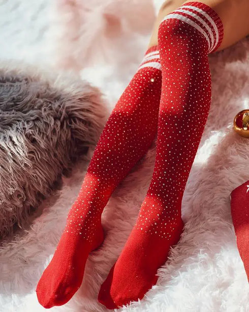 1Pair Christmas Striped Print Rhinestone Decor Long Socks red