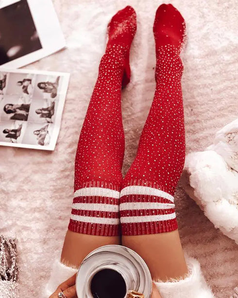 1Pair Christmas Striped Print Rhinestone Decor Long Socks red